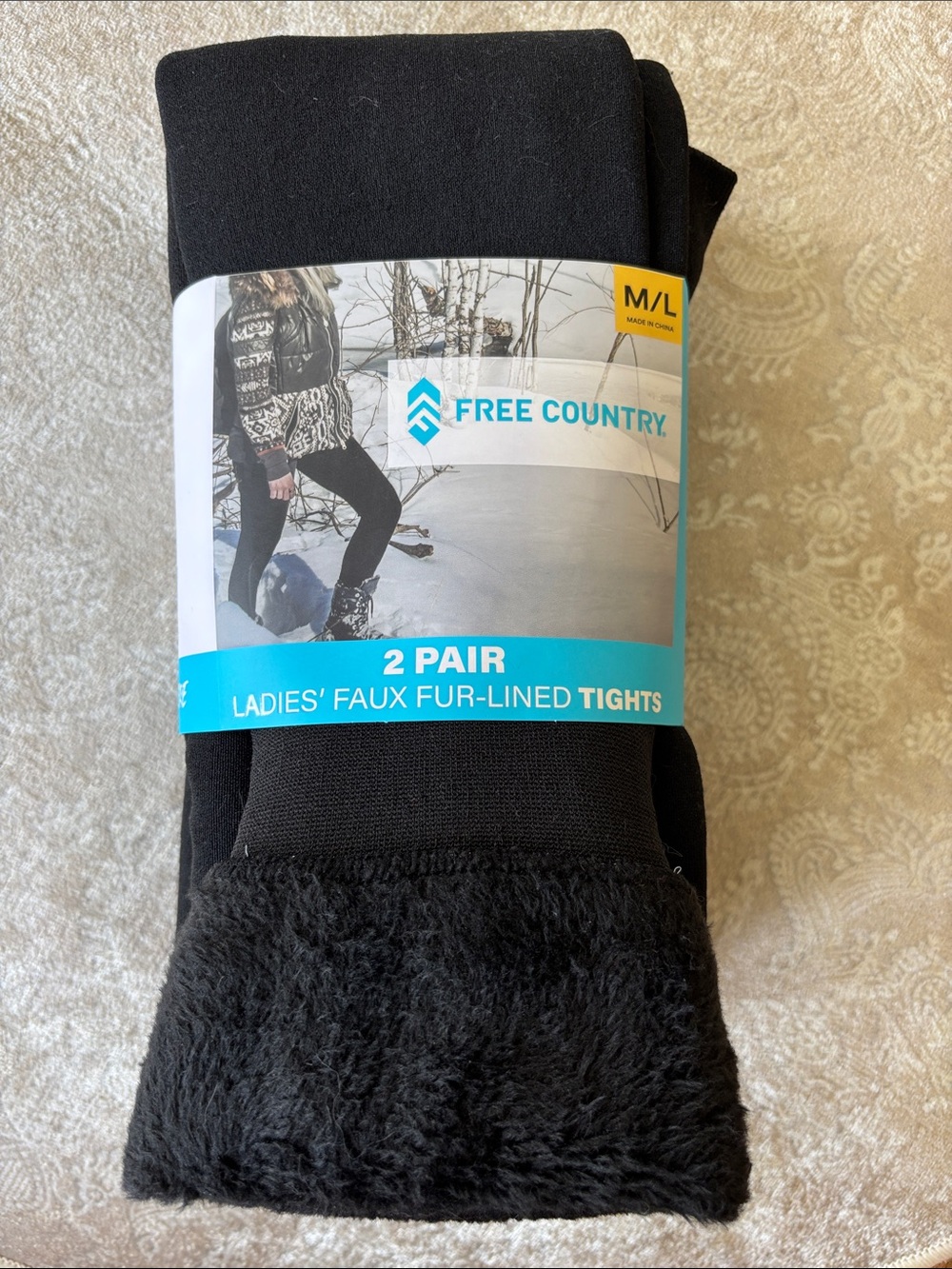 Free Country 2 Pair of Faux Fur-Lined Tights Black Leggings Outdoor Layer Warmth